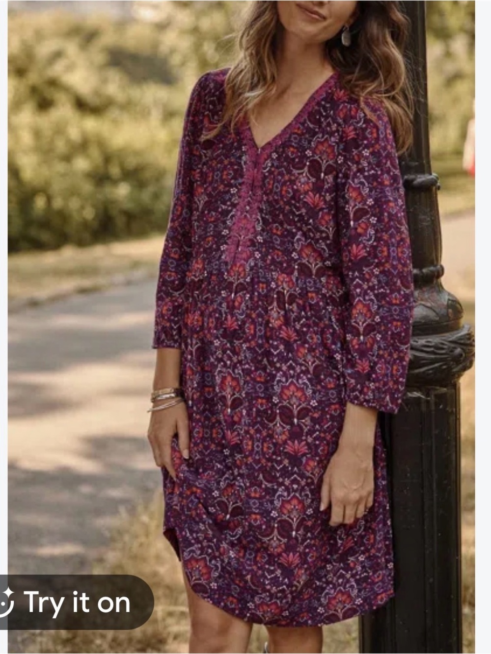 J. Jill East Village Dress Long Sleeves Purple Floral Pink Embroidery Trim Small